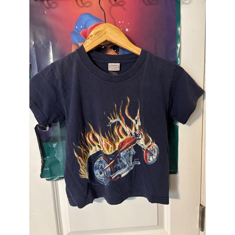 Arizona Jean Company Navy Flaming Motorcycle y2k baby Tee Short Sleeve Crop M